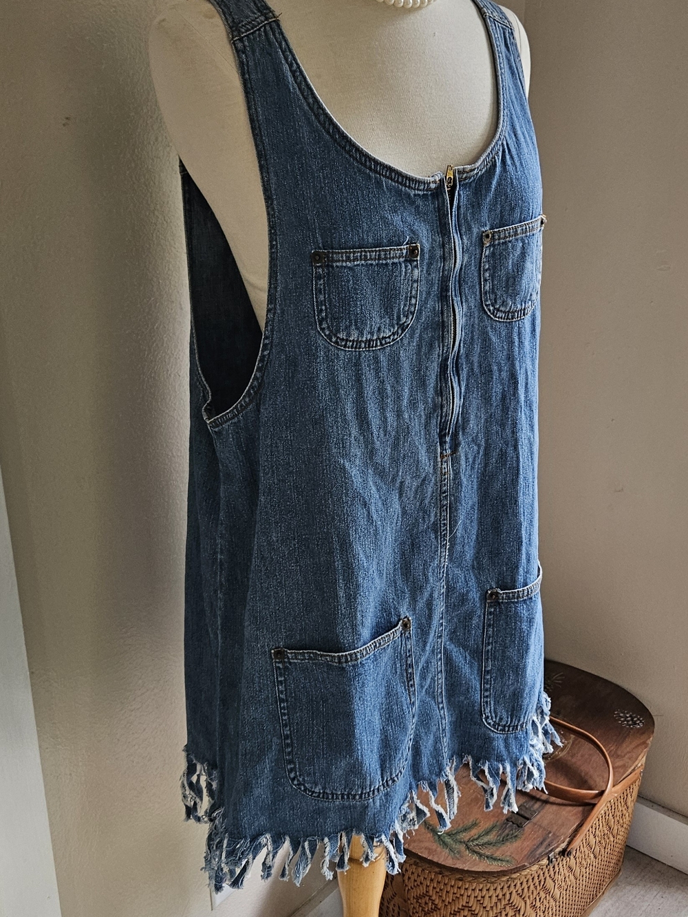 Denim Zip-Front Sleeveless Fringe Tunic Top - Blue